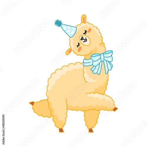 Cute cheerful cartoon llama illustration. Funny childish alpaca isolated vector for stickers, nurcery, gifts, print. Kawaii little llama.
