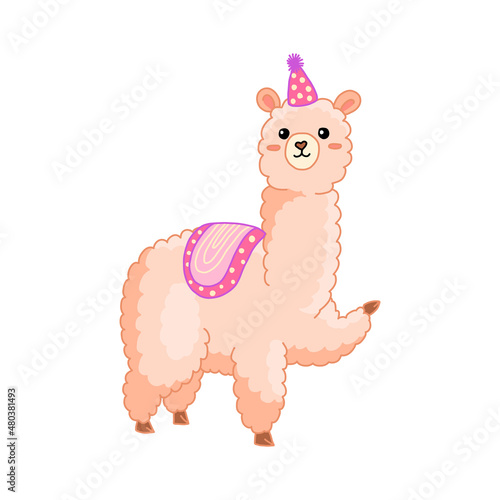 Cute cheerful pink cartoon llama illustration. Funny childish alpaca isolated vector for stickers, nurcery, gifts, print. Kawaii little llama.