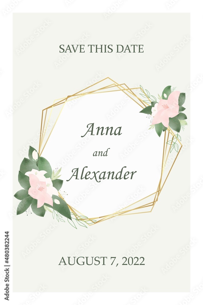 Wedding festive invitation, greeting card for the celebration. Map template. Save the date. Flowers in delicate pastel colors and golden elements.