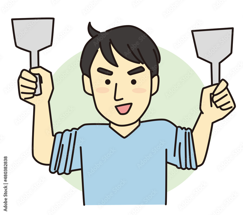 Vector illustration of a man with a spatula in both hands Vector illustration of a man with a spatula in both hands
