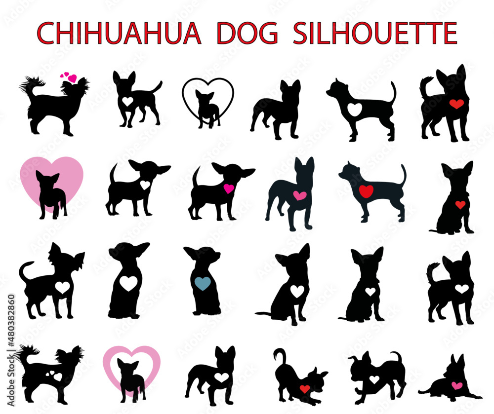 Chihuahua  dog silhouette with love hearts, animal silhouette, Dog breeds silhouette, Animal silhouette symbol, Vector dog breeds silhouettes