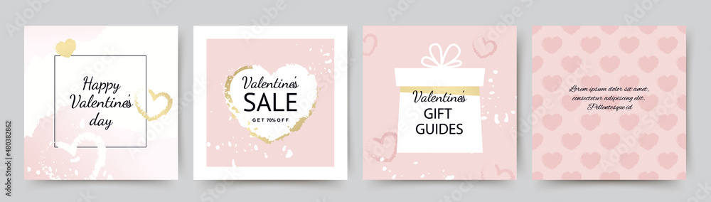 Set of Valentines day social media post templates. Pink and gold holiday design.Vector illustrations for social media banners and website, online shopping, sale ads, greeting cards, marketing material