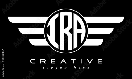 IRA three letter monogram type circle letter logo with wings vector template.