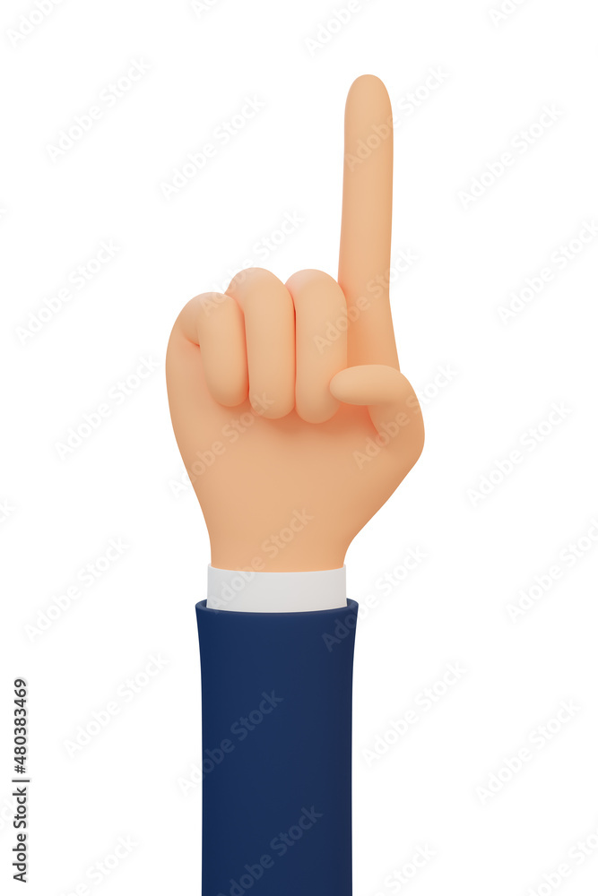 3d hand with raised index finger. Cartoon forefinger gesture. 3d illustration. 3d render.