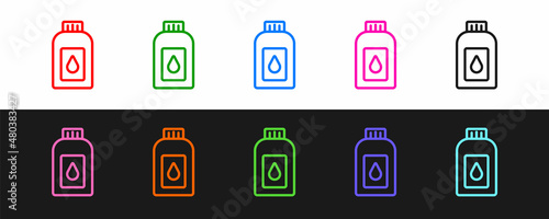 Set line Canister for motor machine oil icon isolated on black and white background. Oil gallon. Oil change service and repair. Vector