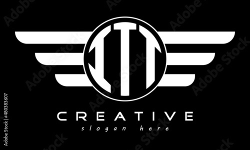 ITT three letter monogram type circle letter logo with wings vector template.
