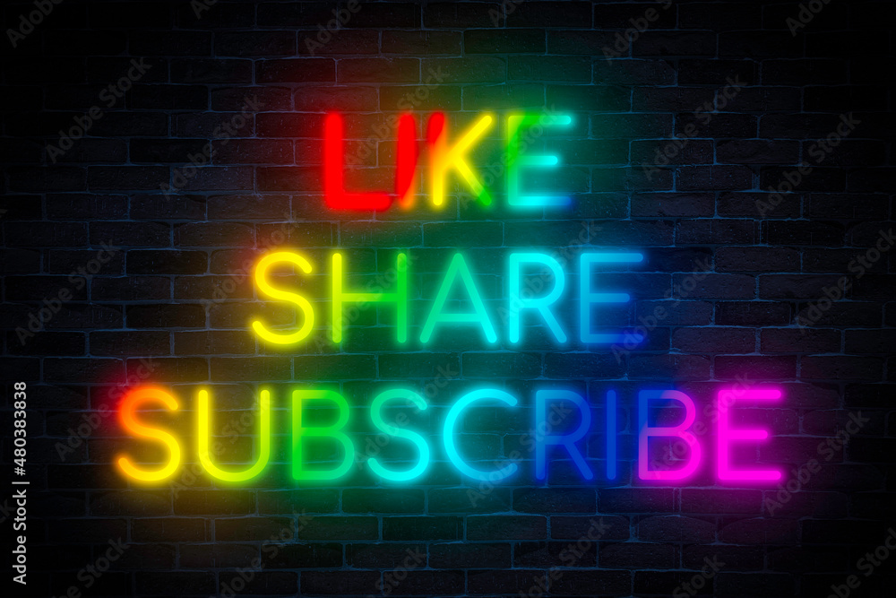 Like, Share, Subscribe neon banner on a brick wall background. Like, Share, Subscribe neon banner on a brick wall background.