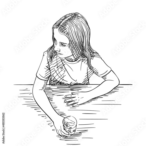 Sketch of preteen girl sitting at table, holding glass of water and looking aside, Hand drawn vector illustration view from top