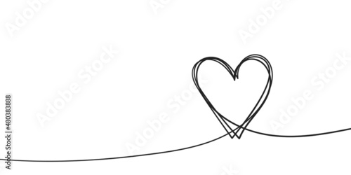 Heart line art love symbol, Continuous one line drawing heart shape outline several times, Black and white vector minimalist illustration made of one line
