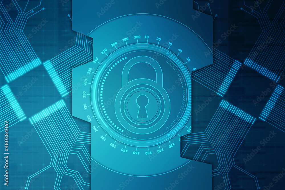 Obraz premium Digital Padlock on abstract technology background, Technology security concept. Modern safety digital background. Protection system, Cyber Security and safety information, personal data concept