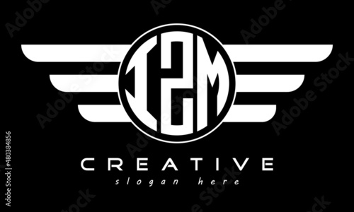 IZM three letter monogram type circle letter logo with wings vector template. photo