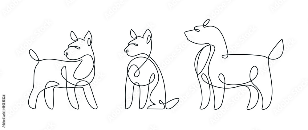 Dog set in modern one line style. Continuous line drawing, outline for pet shop. Vector illustration Dog set in modern one line style. Continuous line drawing, outline for pet shop. Vector illustration