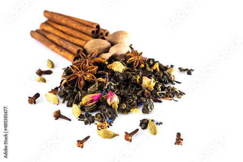 Wallpaper Mural green tea with small roses, cinnamon sticks, anise star and nutmeg Torontodigital.ca