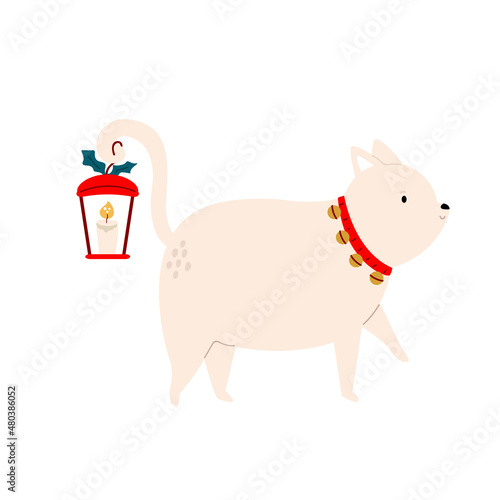 Vector illustration of a funny walking Christmas cat, kitten