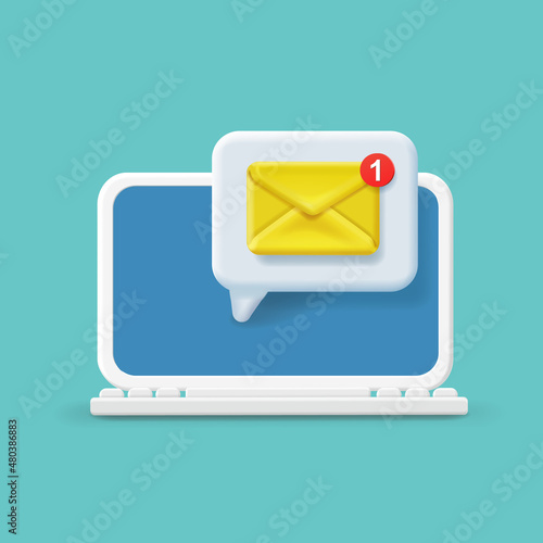 Email notification concept. New email message on the laptop screen. Envelope sign in speech bubble on computer. Vector 3d illustration