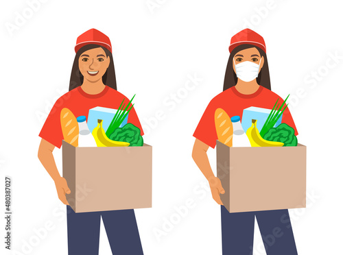 Delivery girl holding in hands box with grocery. Ordering products in the store with home delivery service. Flat vector illustration. Friendly cute delivery service employee gives a customer the order