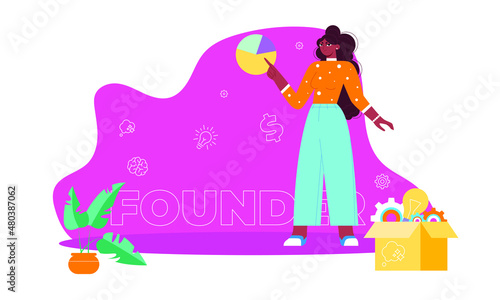 Start up founder. Concept with young black woman, keyword, and icons - clog, dollar sign, light bulb, brain, idea. Flat vector illustration. Isolated playful cartoon character.