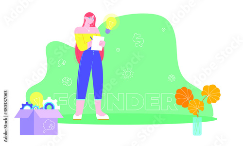 Start up founder. Concept with young black man, keyword, and icons - clog, dollar sign, light bulb, brain, idea. Flat vector illustration. Isolated playful cartoon character.