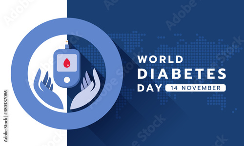 world diabetes day banner - hand hold glucose testing blood tool in blue circle symbol on white blue dot world map texture vector design