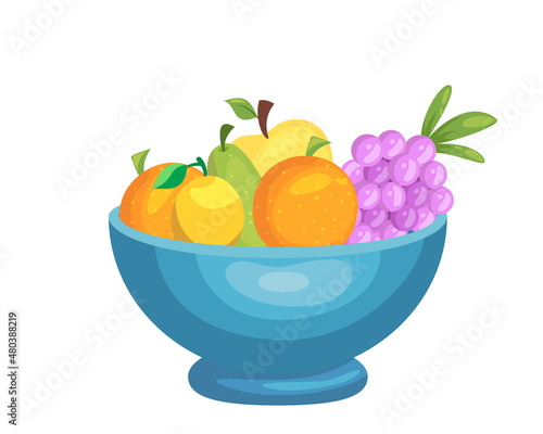 Fresh ripe wet fruit on plate vector flat seasonal harvest vitamin edible plant summer dessert