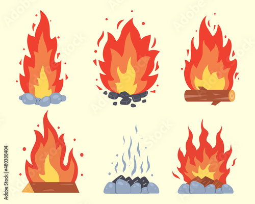 Campfire different types. Vector burning bonfire frames. Camping fire collection. Fireplace with fire coals or woodfire in cartoon style set. Vector illustration