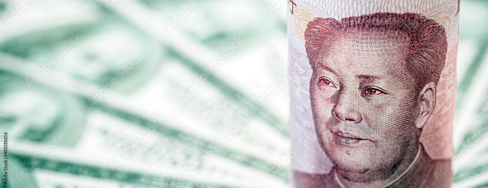 Chinese money banknote, 100 yuan banknote, surrounded by many hundred ...