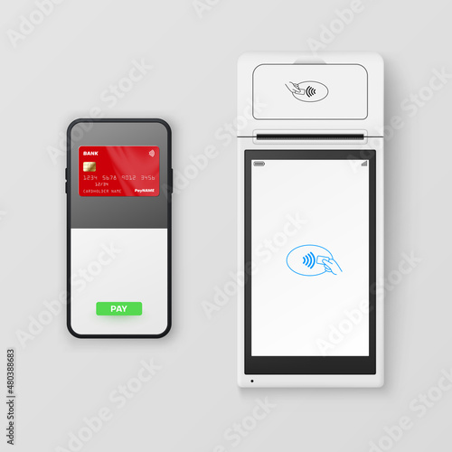 NFC payment e money buy transaction online checkout with smartphone POS terminal realistic vector