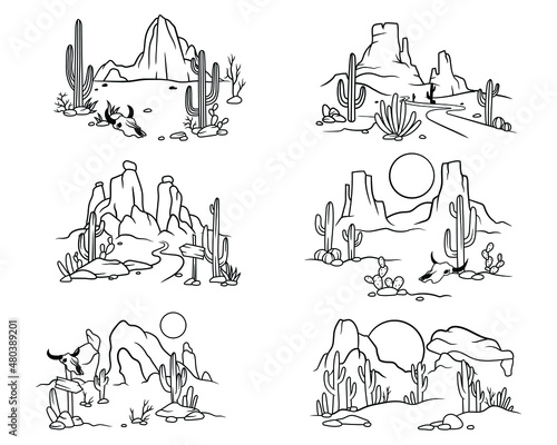 Set of desert scene with cacti. Collection of sand terrain of Africa, Sahara, or Arizona nature. Logo of desert landscape with cactus, bull skull, sunset. Vector illustration of wild west.