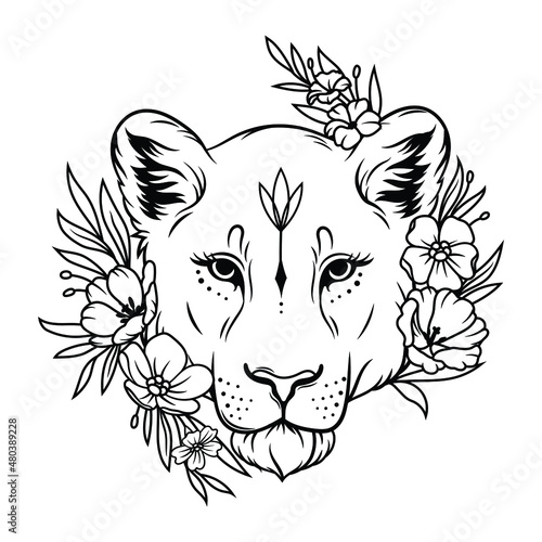 Portrait of a lioness with floral wreaths. Illustration of a predatory wild cat in boho design with natural accessories. Royal lioness. Wild cat with a mane. Zoo. Tattoo.