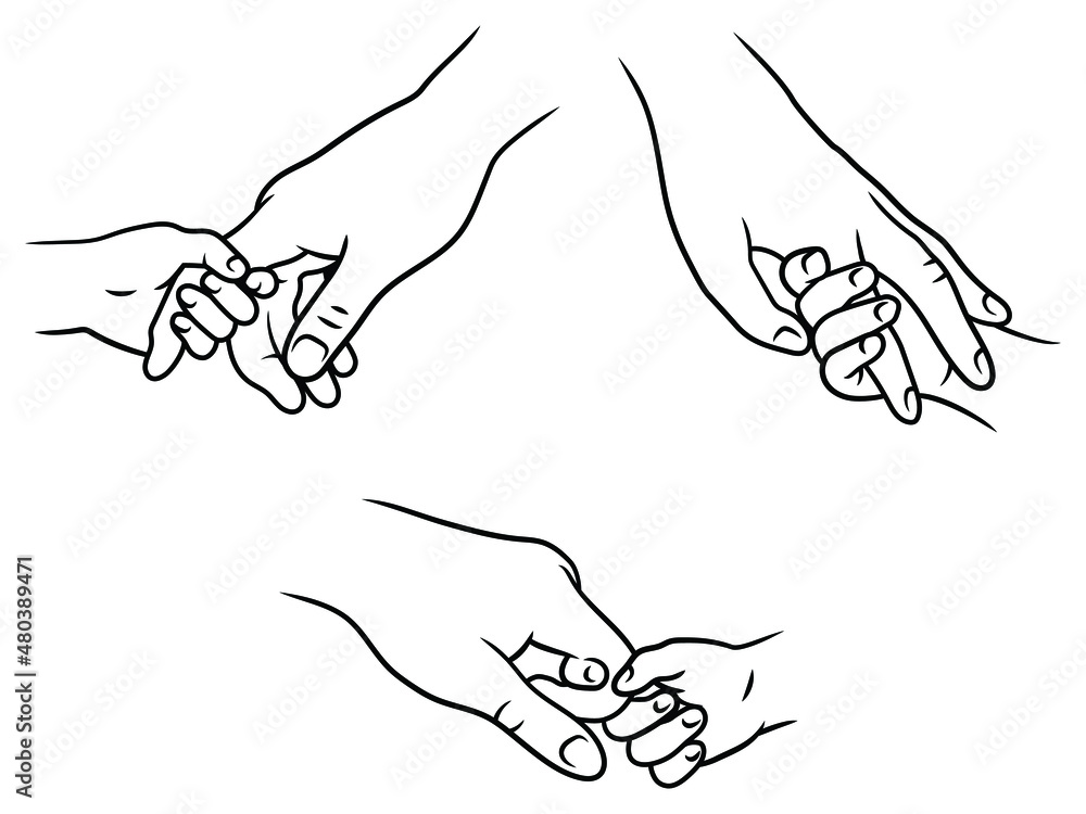 Set of mother and child hands. Collection of moms hand holding baby tiny fingers. Happy maternity. Concept of strong love.Vector illustration of family hand on white background. Set of mother and child hands. Collection of moms hand holding baby tiny fingers. Happy maternity. Concept of strong love.Vector illustration of family hand on white background.
