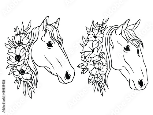 Set of portrait of horse with flowers. Collection of head floral magic horse. Tattoo. Mustang with floral wreath. Vector illustration of animal with flower wreath.