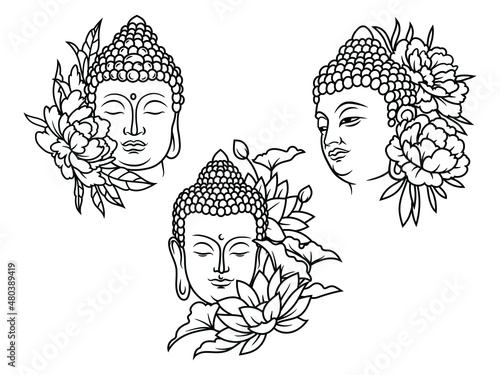 Set of head Buddha god with flowers. Collection of floral face indian god with blossom wreath. Deity of Hinduism. Zen. Peaceful god. Yoga. Vector illustration of divine religion.