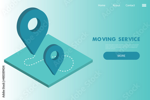 Moving house services - vector web banner with maping pin -isometric art illustration on blue background. Startup landing page