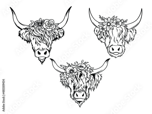 Set of portrait of bull with flowers. Collection of Buffalo with flowers wreath. Head floral cow. Tattoo. Farm animals. Vector illustration on white background.