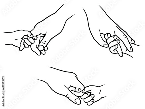 Set of mother and child hands. Collection of moms hand holding baby tiny fingers. Happy maternity. Concept of strong love.Vector illustration of family hand on white background. 