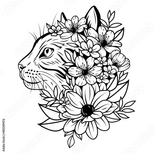 Portrait of floral cat. Pretty kitten in floral wreath. Design of home pet with natural accessories. Tattoo.