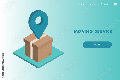 Moving house services - vector web banner with cardboard box -isometric art illustration on blue background. Startup landing page