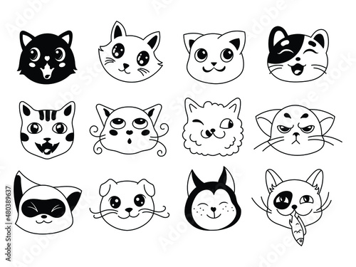 Set of  emotion cats face. Collection of cutekitten portrait. Set of cartoon cat head. Lovely kittens. Vector illustration of home pets. Logo of the animal. 