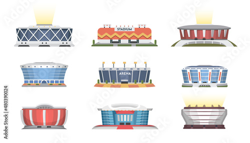 Sport stadium front view vector collection in cartoon style. City arena exterior illustration set. Vector illustration