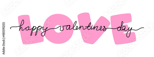 Happy valentines day greeting card. Handwritten black text on top of the pink word "Love" on a white background