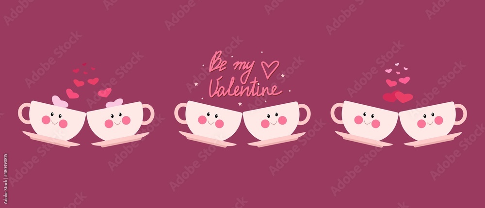 Seth Two cute pink mugs with faces, valentines day. Vector illustration in flat cartoon style.