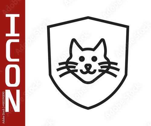 Black line Animal health insurance icon isolated on white background. Pet protection concept. Dog or cat paw print. Vector