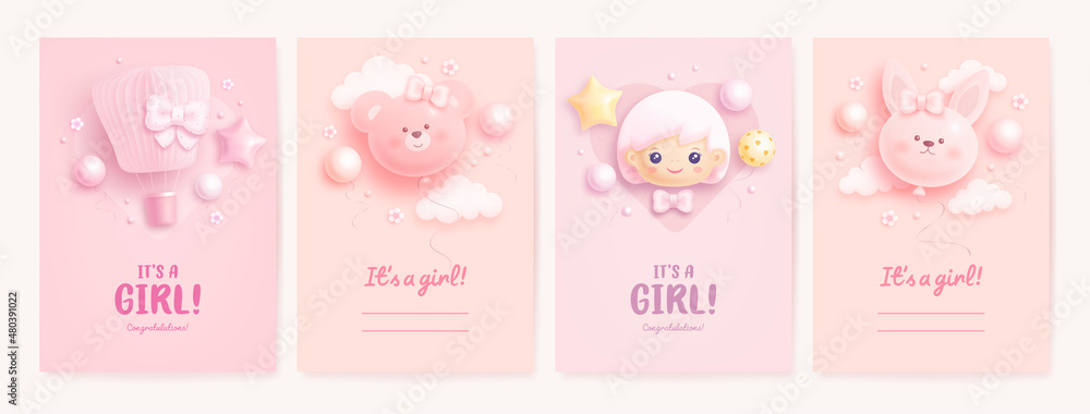 Set of baby shower invitation with cartoon baby girl, hot air balloon and helium balloons on pink background. It's a girl. Vector illustration