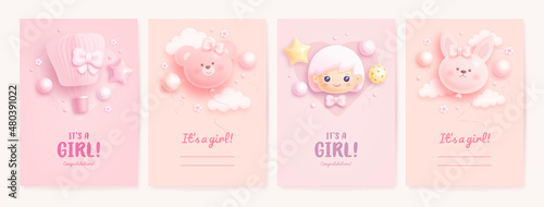 Set of baby shower invitation with cartoon baby girl, hot air balloon and helium balloons on pink background. It's a girl. Vector illustration