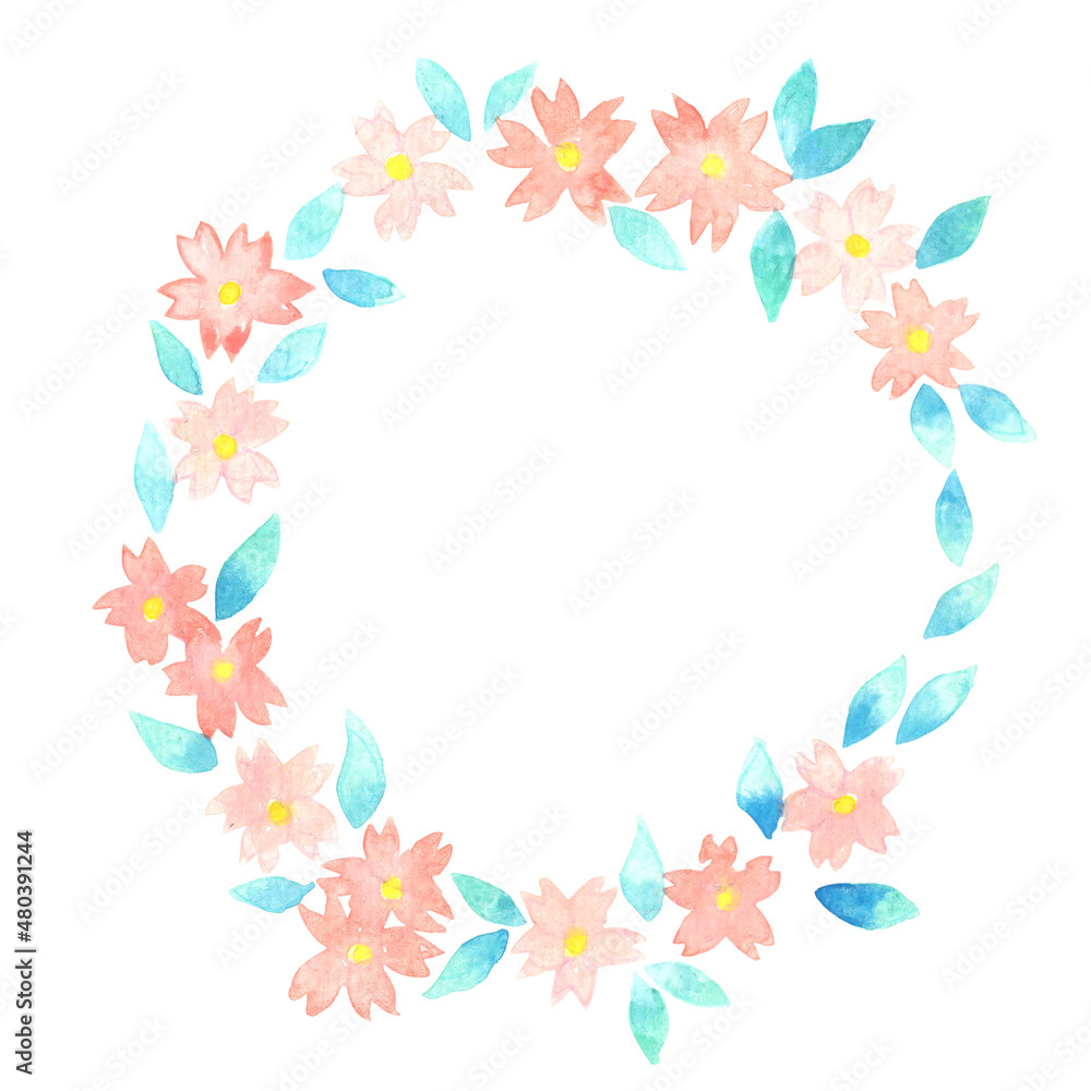 Sakura flower, Cherry blossom flower ring wreath watercolor for decoration on spring season and oriental art.