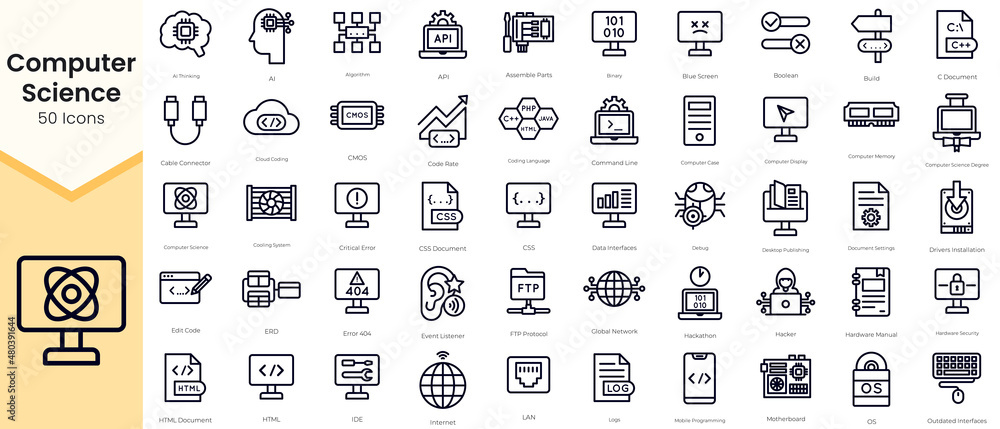 Simple Outline Set of Computer Science Icons. Thin Line Collection contains such Icons as ai, algorithm, cable connector, cloud, cooling system and more - obrazy, fototapety, plakaty 