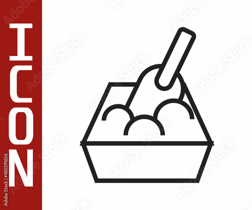 Black line Cat litter tray with shovel icon isolated on white background. Sandbox cat with shovel. Vector