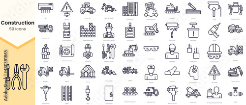 Simple Outline Set of Construction Icons. Thin Line Collection contains such Icons as construction worker, crane building, crane, decoration, detonator, drilling and more