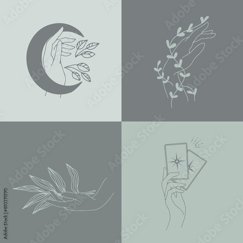A set of female hand emblems in a minimalistic linear style. Hand gestures holding mystical symbols.
