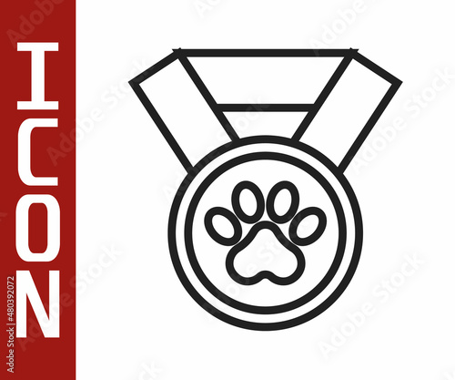 Black line Pet award symbol icon isolated on white background. Badge with dog or cat paw print and ribbons. Medal for animal. Vector